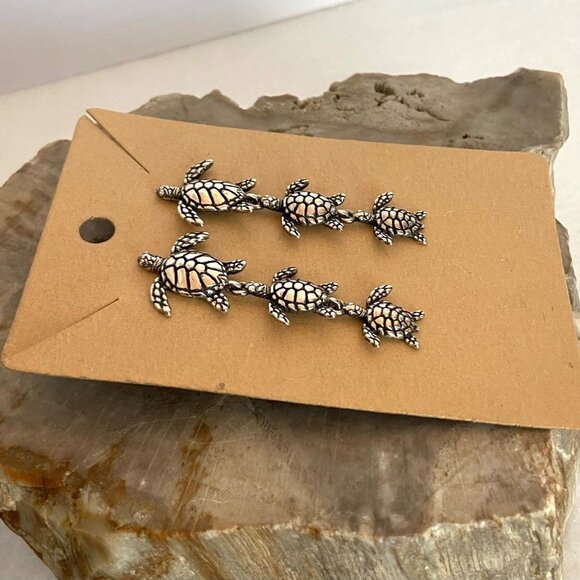 VTG Kabana Sterling Silver 925 Dimensional Sea Turtle Trio Dangle Drop Earrings - Picture 5 of 16